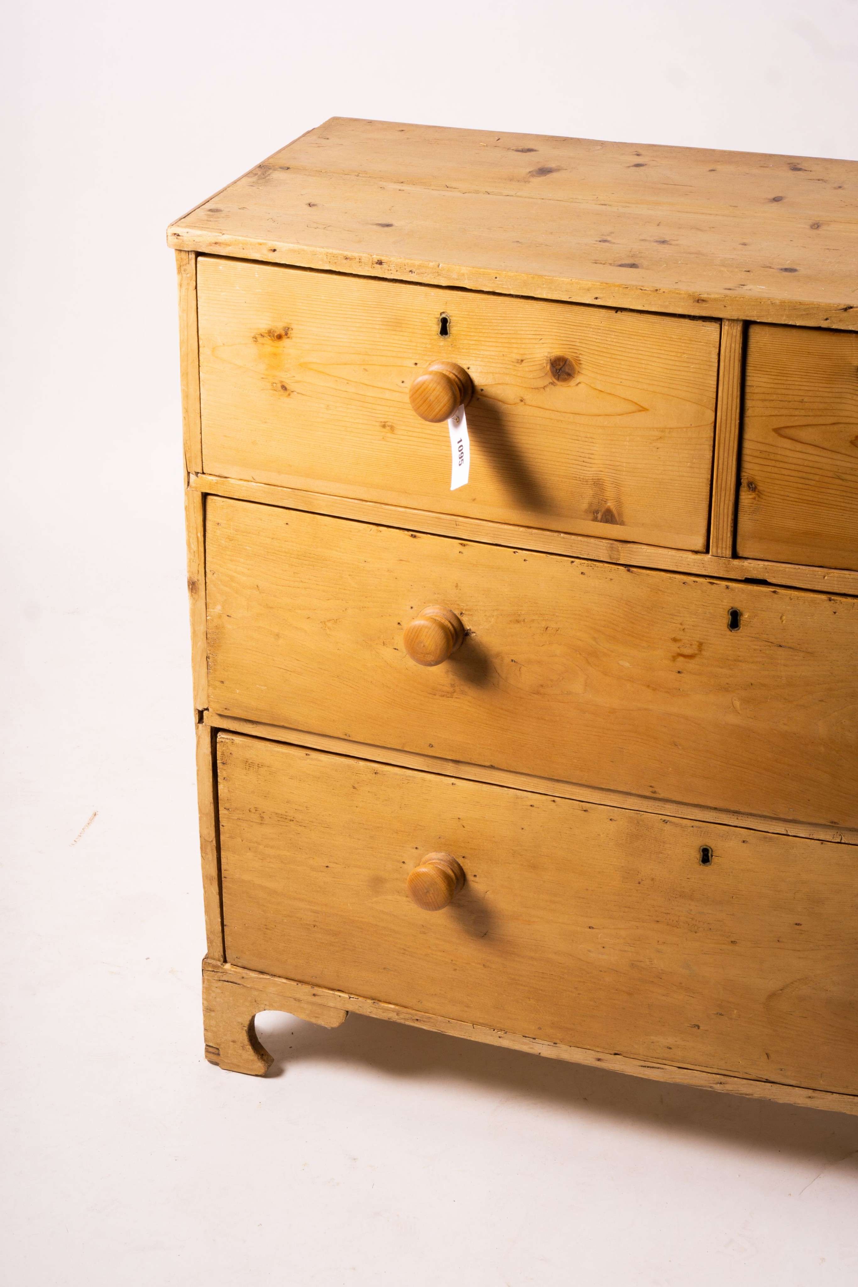 A Victorian pine bow front chest, width 104cm, depth 45cm, height 89cm